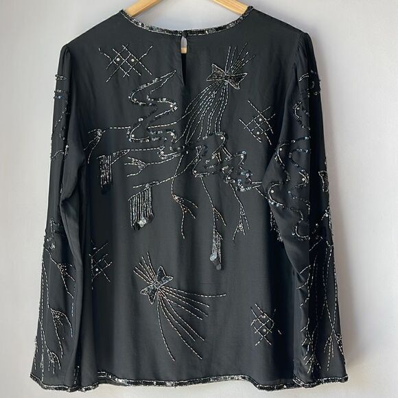 Vintage Silk CC Courtenay Blouse Sequin Beaded Blouse Black Medium - Picture 4 of 11